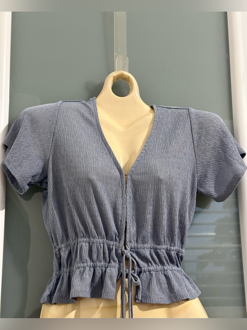 Muse Light Heather Blue V-Neck Drawstring Peplum Blouse